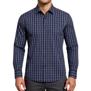 UNTUCKit Mens Large Navy Blue Plaid Wrinkle Free 100% Cotton Button Down Shirt